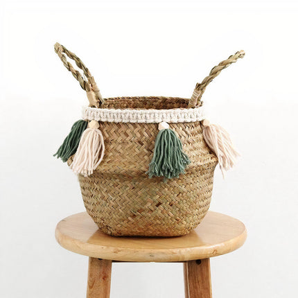 Cache Pot Osier Pompons Verts