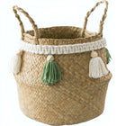Cache Pot Osier Pompons Verts Petit Format (23 Cm X 20 Cm)