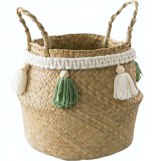 Cache Pot Osier Pompons Verts Petit Format (23 Cm X 20 Cm)