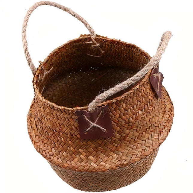 Cache Pot Osier Anses Cuir Petit Format (22 Cm X 20 Cm)