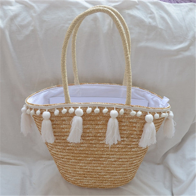 Sac De Plage Pompom Blanche En Paille