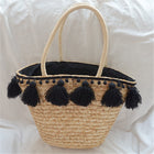 Sac De Plage Pompom Noir En Paille