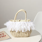 Sac De Plage Avec Plumes Beige Blanc En Paille