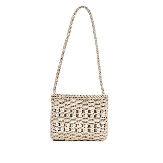 Petit Sac À Main En Paille Et Perles Beige / 20X17X8Cm Paille