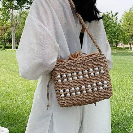 Petit Sac À Main En Paille Et Perles Marron / 20X17X8Cm Paille