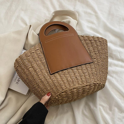 Sac De Plage Cuir Brun En Paille