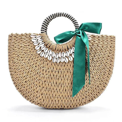 Sac Rond En Paille Anse Cercle Brun Foulard