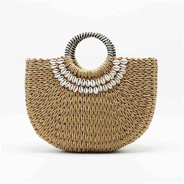 Sac Rond En Paille Anse Cercle Brun Simple