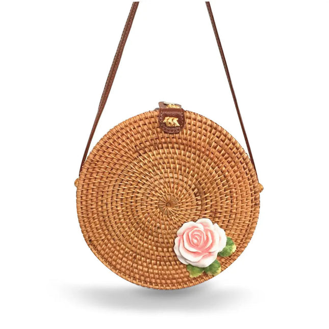 Sac Rond Osier Motif Rose Motif Paille