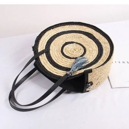 Sac Rond Paille À Pompon Cuir Blanc/Noir