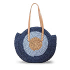 Sac Rond En Paille Avec Anse Cuir Bleu