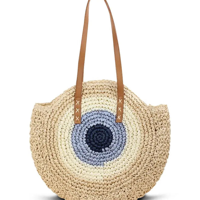 Sac Rond En Paille Avec Anse Cuir Beige