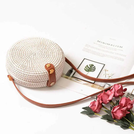 Sac Rond En Paille Avec Bandoulière Cuir Blanc