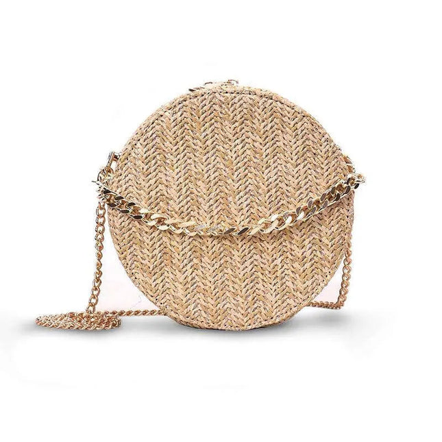 Sac Rond En Paille Chaine Dorée Brun