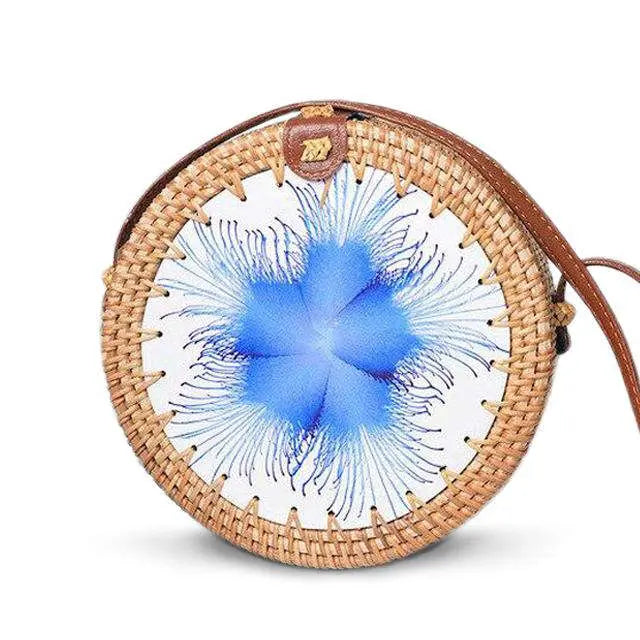 Sac Rond En Paille Fleur Bleu