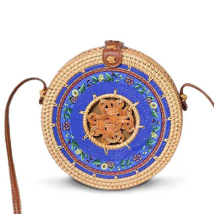 Sac Rond En Paille Floral Bleu