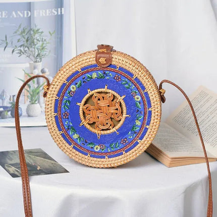 Sac Rond En Paille Floral Bleu