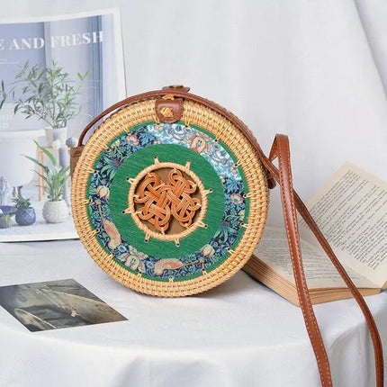 Sac Rond En Paille Nature Vert