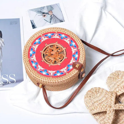 Sac Rond En Paille À Bandoulière Rouge
