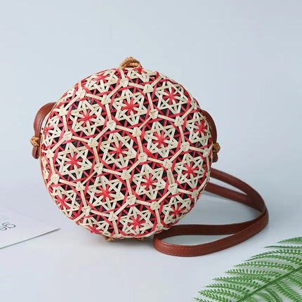 Sac Rond En Rotin Coloré Rouge Paille
