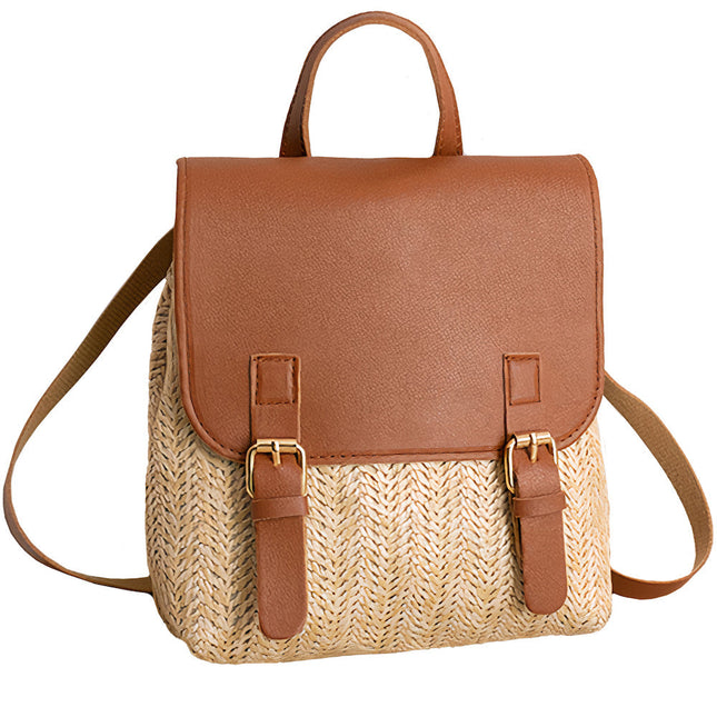 Sac À Dos Paille Cuir Beige Marron