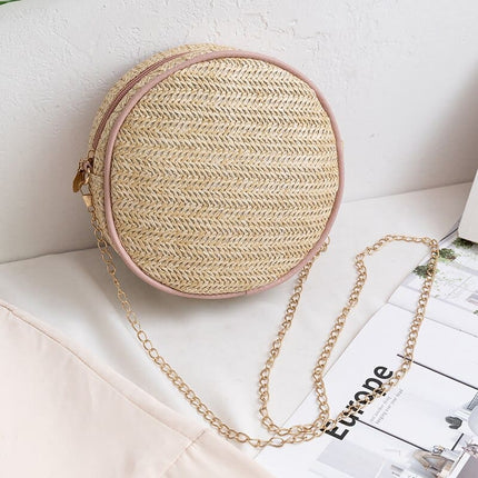 Sac A Main En Paille Rond Rose