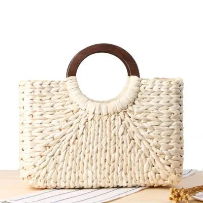 Sac En Paille Anse Bois Beige Paille