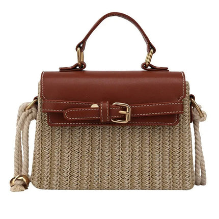 Sac En Paille Fermeture Cuir Brun Paille