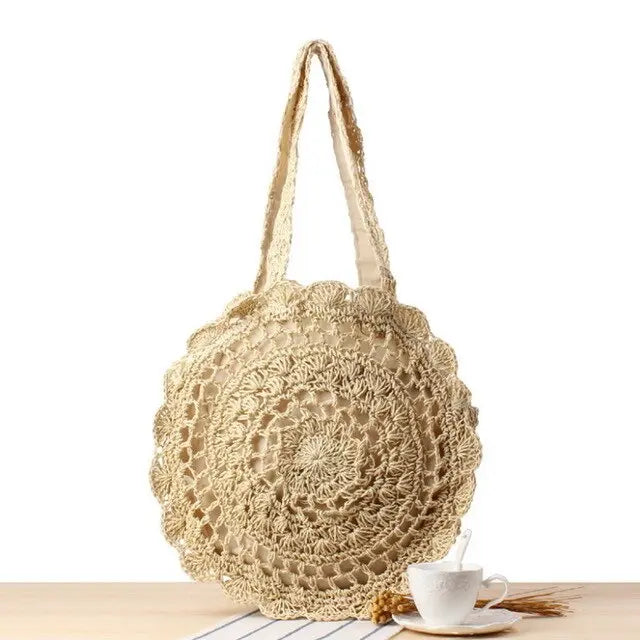 Sac En Paille De Plage Femme Beige Rond