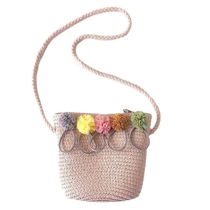 Sac En Paille Avec Des Pompons Rose Paille