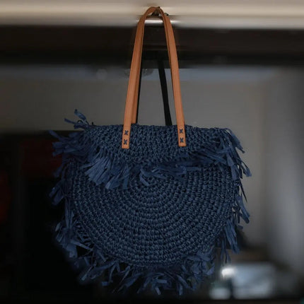 Sac Rond En Paille Bleu