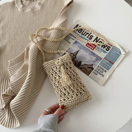 Sacoche Raphia Pour Téléphone Beige Sac Raphia