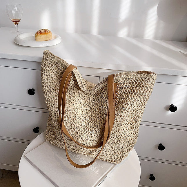 Sac Paille Cuir Beige