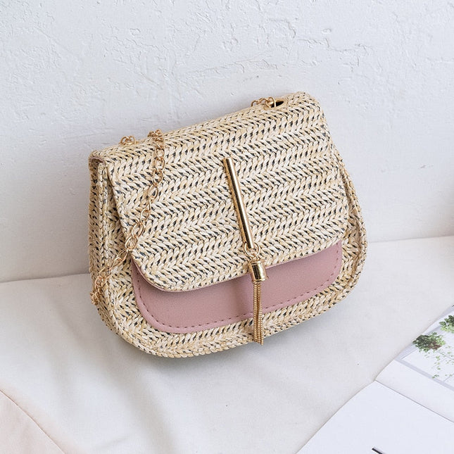 Petit Sac En Paille Bandoulière Rose Sac Rond Paille