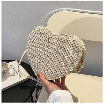 Sac En Paille Coeur Blanc Rond Paille