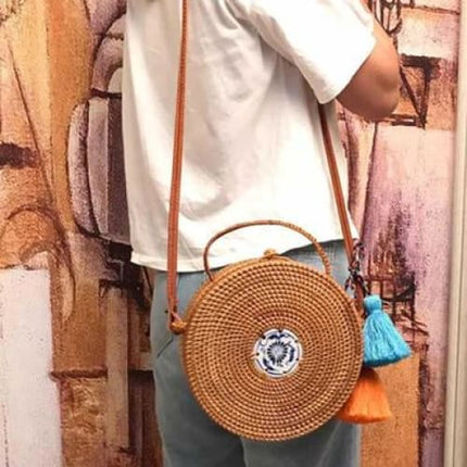 Panier Plage Osier Rond Blue White Ceramics Sac