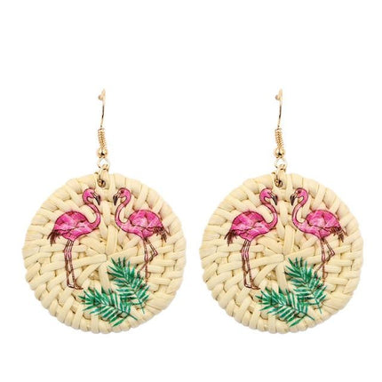 Boucles Doreilles Vintage Fantaisie Flamant Rose En Osier