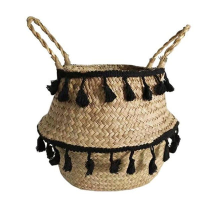 Panier Osier Rond Avec Franges Noir / Petit Rond Osier