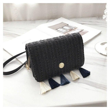 Sac Osier Avec Pompons Noir En