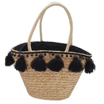 Sac De Plage Osier Pompon Noir En