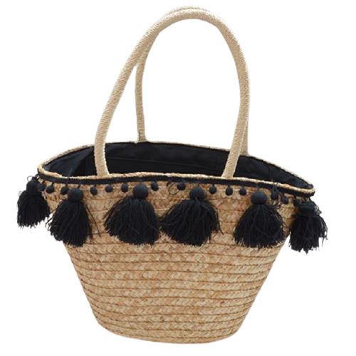 Sac De Plage Osier Pompon Noir En
