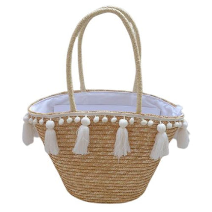 Sac De Plage Osier Pompon Blanc En