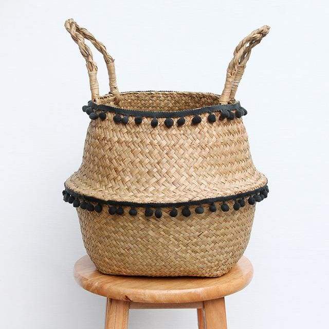 Cache Pot Osier Pompons Noir Cache-Pot