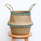 Cache Pot Jonc De Mer Pompon Bleu Osier