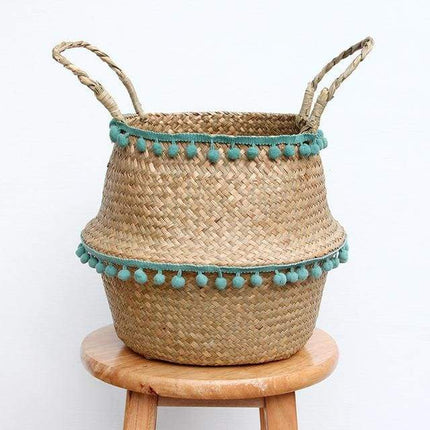 Cache Pot Jonc De Mer Pompon Bleu Osier