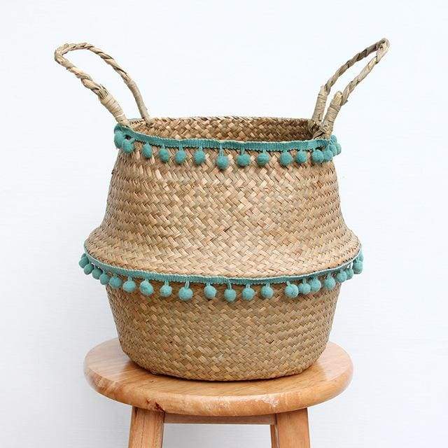 Cache Pot Jonc De Mer Pompon Bleu Osier