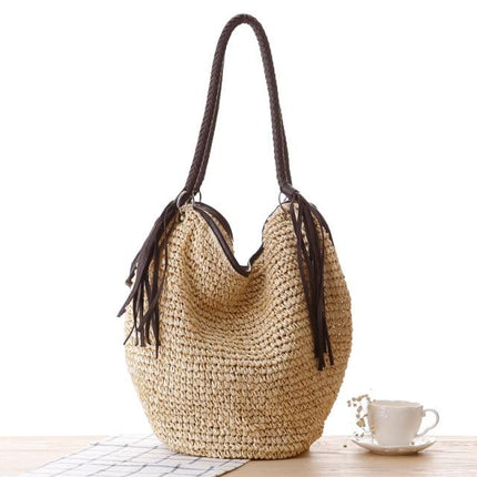 Sac Osier Rond Pompons Beige En