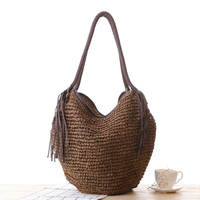 Sac Osier Rond Pompons Marron En