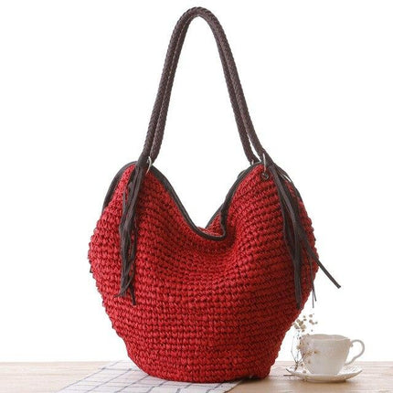 Sac Osier Rond Pompons Rouge En