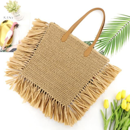 Sac De Plage Osier Franges Marron En